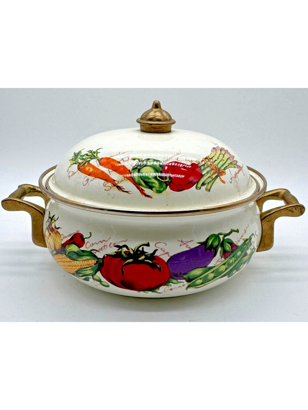 Vintage Ceramic Covered Casserole Tureen Vegetable Design Brass Tone Handles